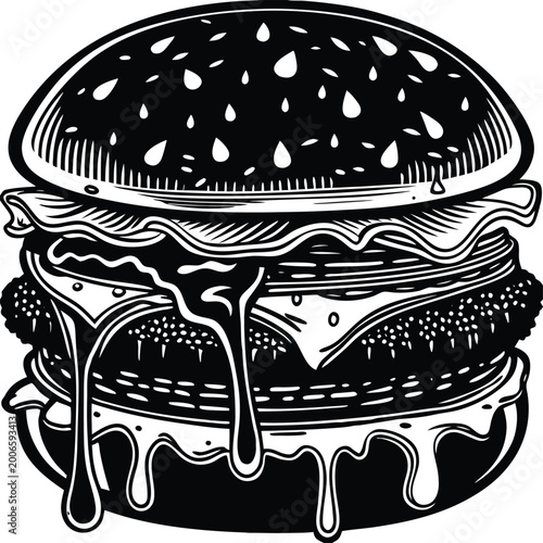 Juicy burger, black and white illustration, melted cheese, fast food icon