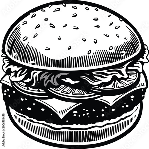 Black and white burger icon, vector hamburger illustration, food logo, restaurant symbol