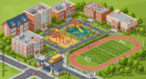 Fotografie Isometric School Campus with Playground, Sports Field, and Buildings