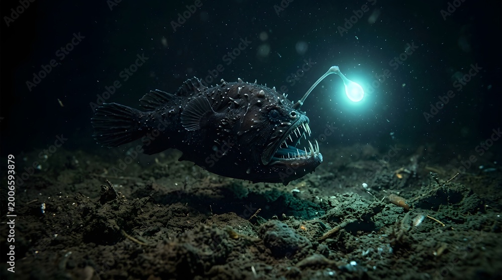 Fototapeta premium Deep sea anglerfish glowing in dark underwater environment