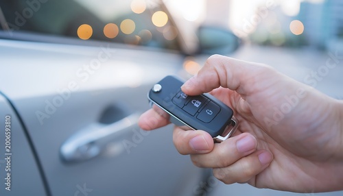 Close-up of a person's hand pressing a button on a modern car remote key fob to unlock or lock a vehicle door in an outdoor setting.