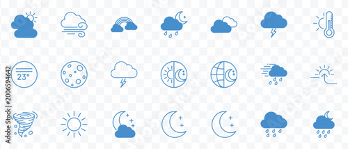 Blue Cute Modern Weather Icons Vector Set. Climate, Forecast, Temperature, Sun, Rain, Moon and Day Night UI Symbols