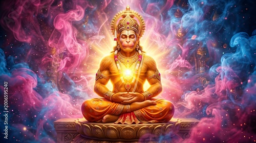 Divine Hanuman meditating with radiant aura in mystical setting