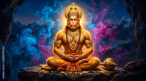 Vibrant depiction of Hanuman meditating with colorful smoke background