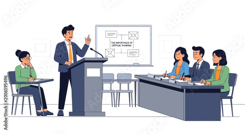 Fotografie Businessman giving presentation to panel of judges or audience in conference roo