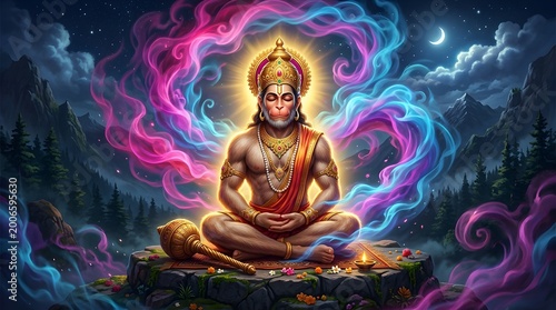 Colorful mystical depiction of Hanuman meditating in serene forest