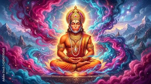 Vibrant depiction of Hanuman meditating amidst colorful cosmic clouds