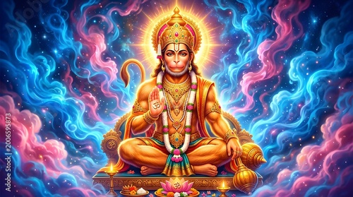 Colorful digital illustration of Lord Hanuman in meditative pose
