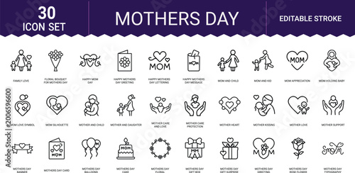 Bild auf Leinwand Set of thirty mothers day line icons showing mom love gifts flowers and family happiness
