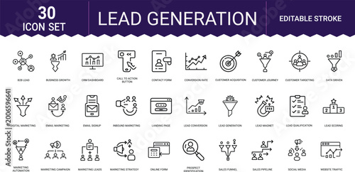 Set of thirty lead generation line icons for digital marketing strategy and sales growth.