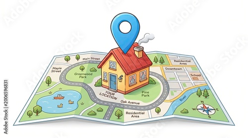 Illustration of Real Estate and Neighborhood Map with House and Location Marker