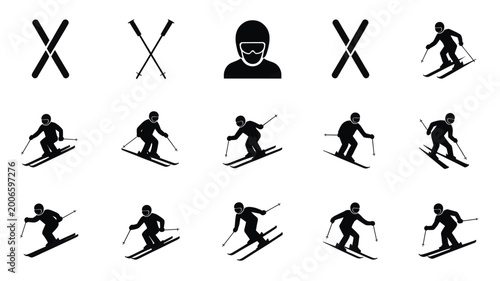 Set of 15 Black and White Skiing Sport Vector Icons