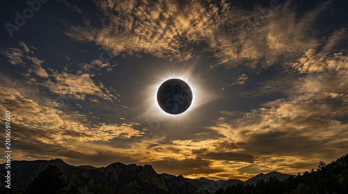 Eclipse Visible During Sunset Over Mountain Landscape eclipse