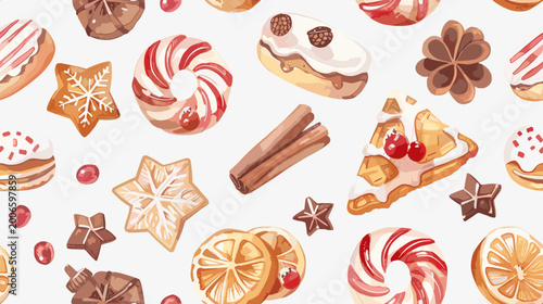 Photos Colorful Christmas Dessert Pattern with Cookies Candy and Festive Treats on a Li