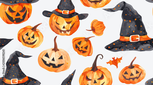 Canvas-taulu Colorful Halloween Pattern Featuring Carved Pumpkins and Witch Hats in a Festive