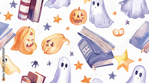 Bild auf Leinwand Colorful Halloween Themed Pattern Featuring Ghosts, Books, Pumpkins and Stars on