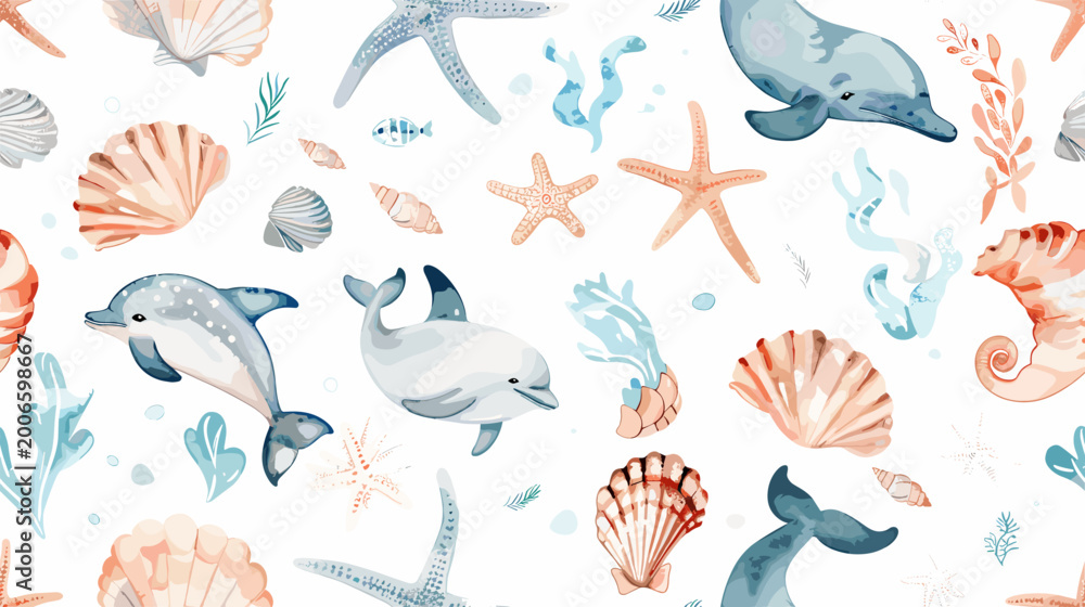 Fototapeta premium Colorful Ocean Themed Pattern Featuring Dolphins, Whales, Shells, and Starfish in Watercolor Style