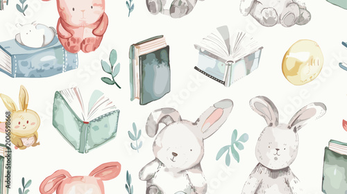 Bilde på lerret Colorful Pastel Illustration of Cute Bunnies and Storybooks in a Whimsical Patte