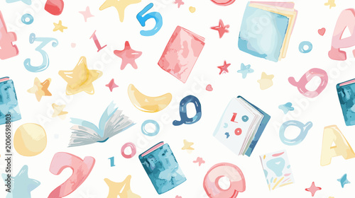 Foto Colorful Playful Pattern of Numbers Letters Stars and Books in a Whimsical Artis