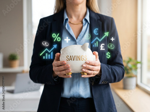 Woman holding a piggy bank with savings and financial growth graphics