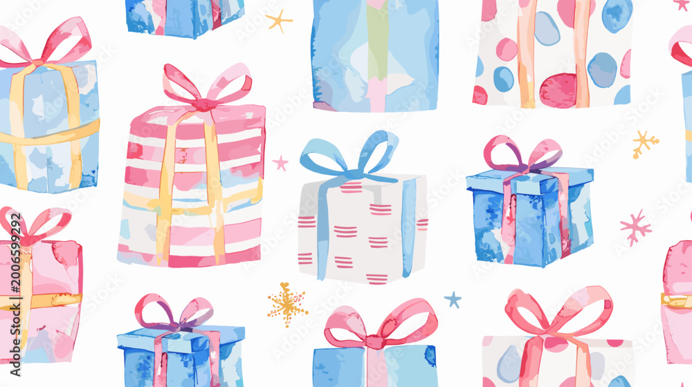 Fototapeta premium Colorful Watercolor Present Boxes with Ribbons and Decorative Patterns on a White Background