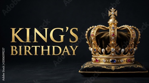 King's Birthday celebration banner with royal gold crown, ornate jeweled crown on velvet cushion, majestic monarchy anniversary background