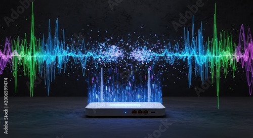 A router glows dimly with glitching light patterns, while fragmented digital waves break apart against a dark, textured artistic backdrop, network, data, hardware