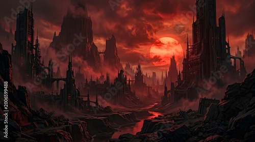 Dark Futuristic Cityscape with Ominous Sky and Towering Skyscrapers