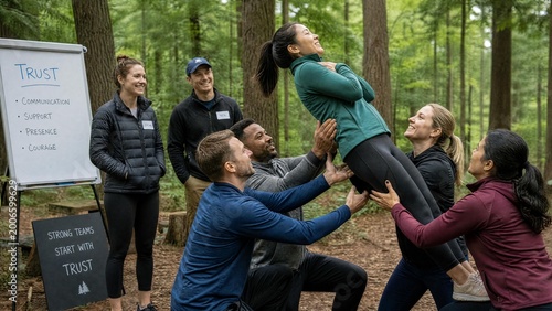 Diverse team building activity in forest, practicing trust exercise with supportive group