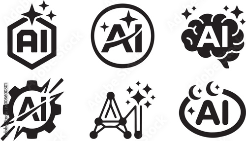 Black and white ai technology symbol set with artificial intelligence symbols