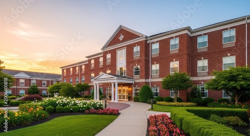 An elegant red brick assisted living facility stands under a soft dawn sky with manicured gardens, large windows, and a serene atmosphere, retirement home, exterior, quiet