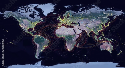 Artistic aerial view of a luminous global map illustrating complex trade routes and economic networks through glowing digital flow lines, world, transit, aerial