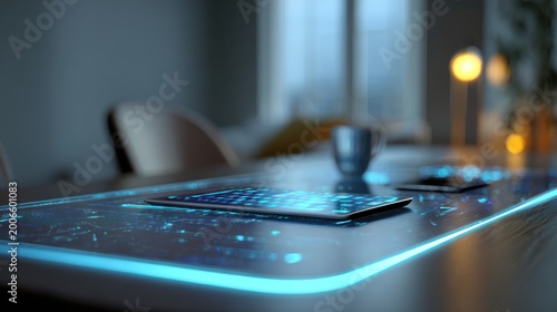 Modern tech tablet on futuristic table