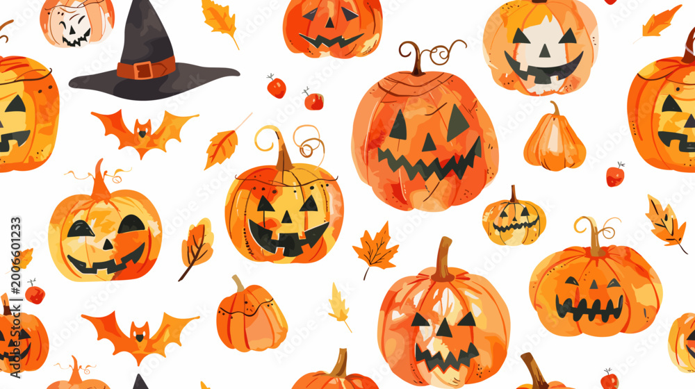 Fototapeta premium Pattern of Colorful Halloween Pumpkins and Witch Hat with Autumn Leaves on a White Background