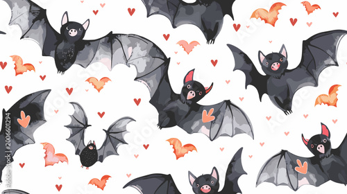 Fényképezés Playful Cartoon Bats Flying Among Hearts in a Whimsical Pattern Illustration