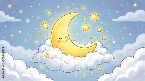 Cute Cartoon Moon Sitting on Fluffy Clouds with Stars and Sky