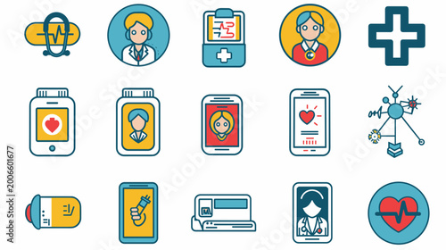 Foto Set of Digital Medical Icons Representing Healthcare Technology and Patient Moni