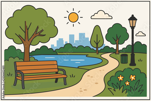 Peaceful park bench by pond with city skyline and walking path Vector