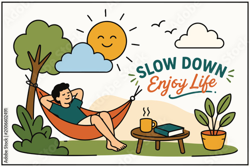 Person relaxing in a hammock with coffee and book on a sunny day Vector