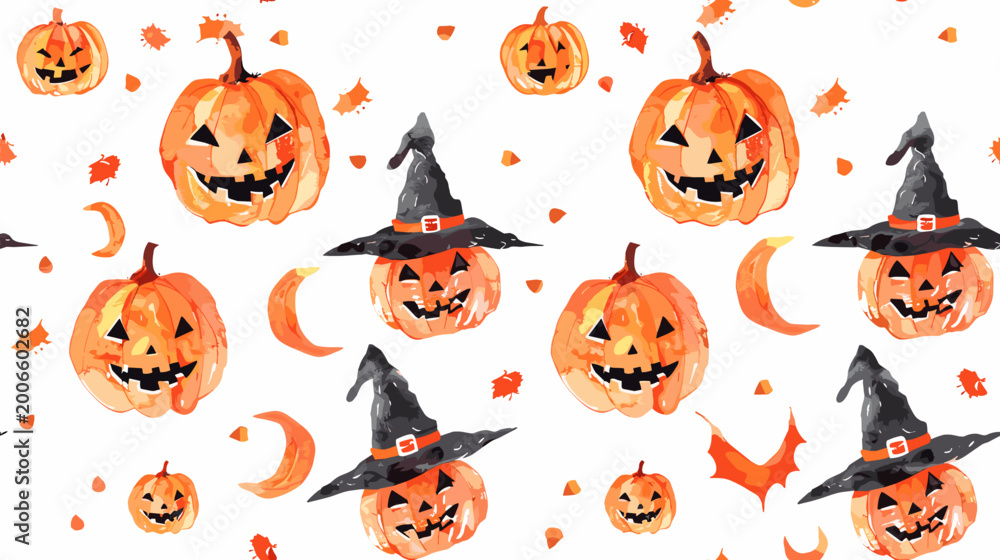 Obraz premium Whimsical Halloween Pattern Featuring Orange Pumpkins and Witch Hats with Autumn Leaves and Moons