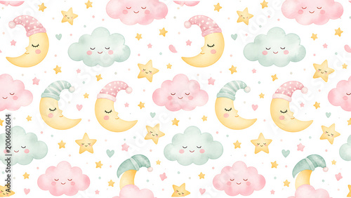 Seamless cute watercolor baby nursery pattern with sleeping moons, clouds, and stars.