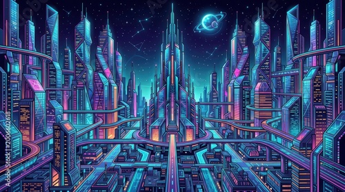 Futuristic Cyber Cityscape with Neon Lights and Tall Skyscrapers