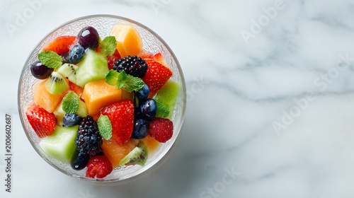 Fruit salad presented in a transparent glass bowl placed on a smooth white marble surface, top-down flat lay composition, colorful assortment of berries, melon, and citrus segments