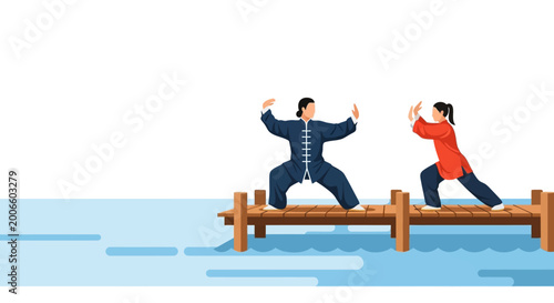 Martial arts practitioners practicing Tai Chi on wooden pier