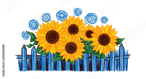 Vibrant illustration of sunflowers blooming against a rustic blue wooden fence with swirling blue sky accents, capturing a cheerful and artistic rural scene