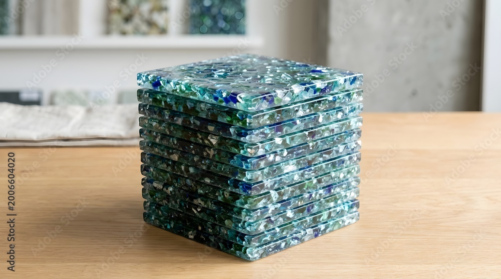 Obraz premium A stack of recycled materials sits on a wooden table indoors.