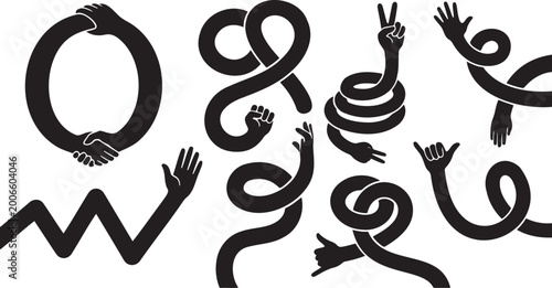 Flexible long arms with hand gestures, abstract characters set hands