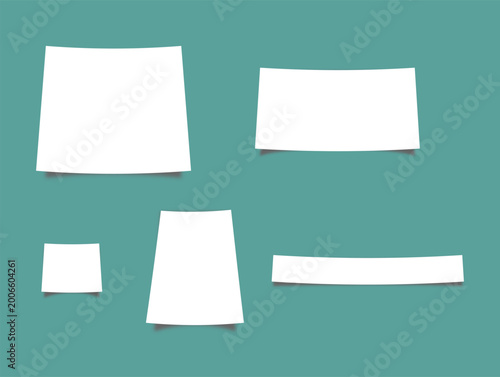 Set of blank white paper notes with shadow on a teal background