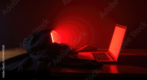 Vibrant red light glows across a dark hooded sweatshirt and an open laptop on a wooden table within a mysterious and shadowy interior room, keyboard, dark, protection