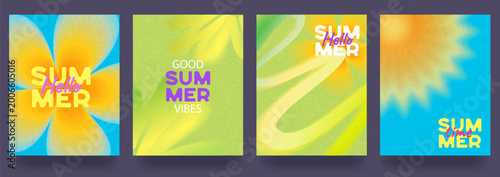 A set of vibrant summer templates featuring tropical leaves, sun, flowers, and trendy textures. Summertime. New collection announcements, discounts, and summer sales. Vector illustration.
